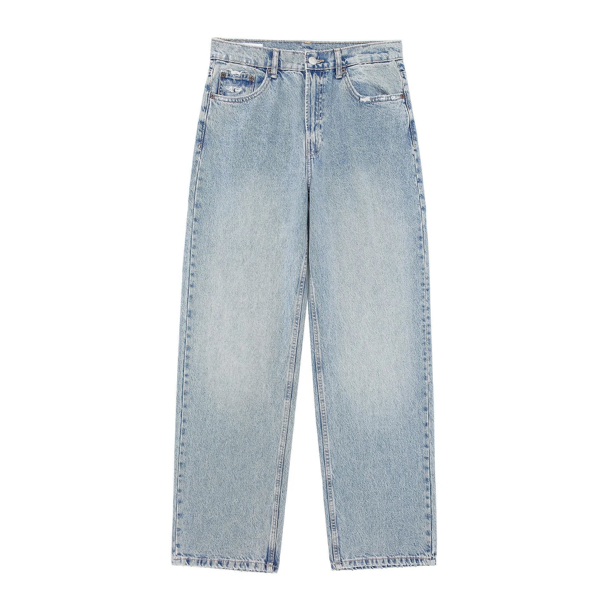 TRAFZA Jeans For Women Fashion Vintage Holes Decorated Denim Pant Patchwork High Waist Trousers Y2K 2024 High Street Lady Jeans