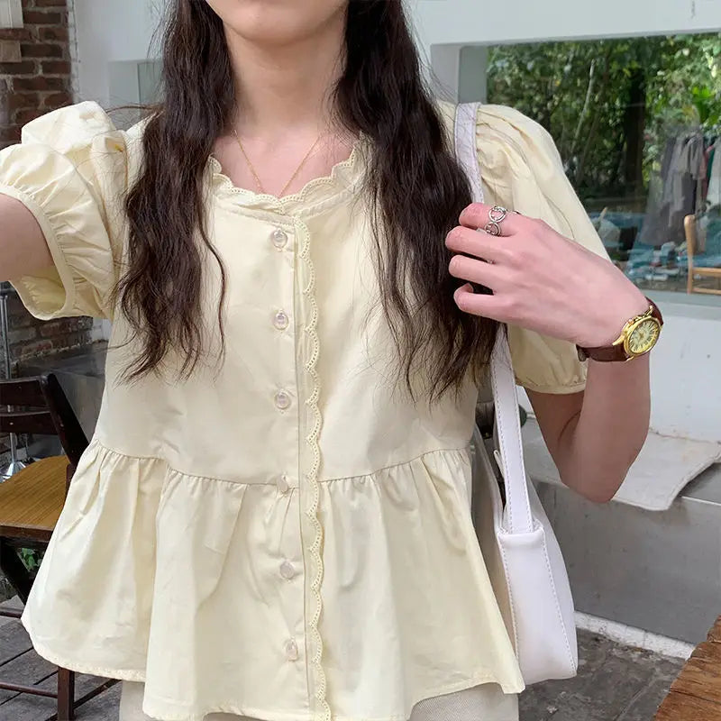 Shirts Women Elegant Sweet Preppy Style Cute Summer Tops Short Puff Sleeve New Arrival Stylish Korean Camisas Mujer Vintage Pure