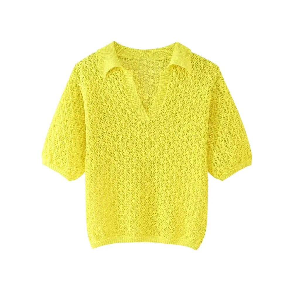 TRZA Women Fashion Pointelle Knit Loose Sweater Polo Collar Short Sleeve Female Pullovers Chic Tops