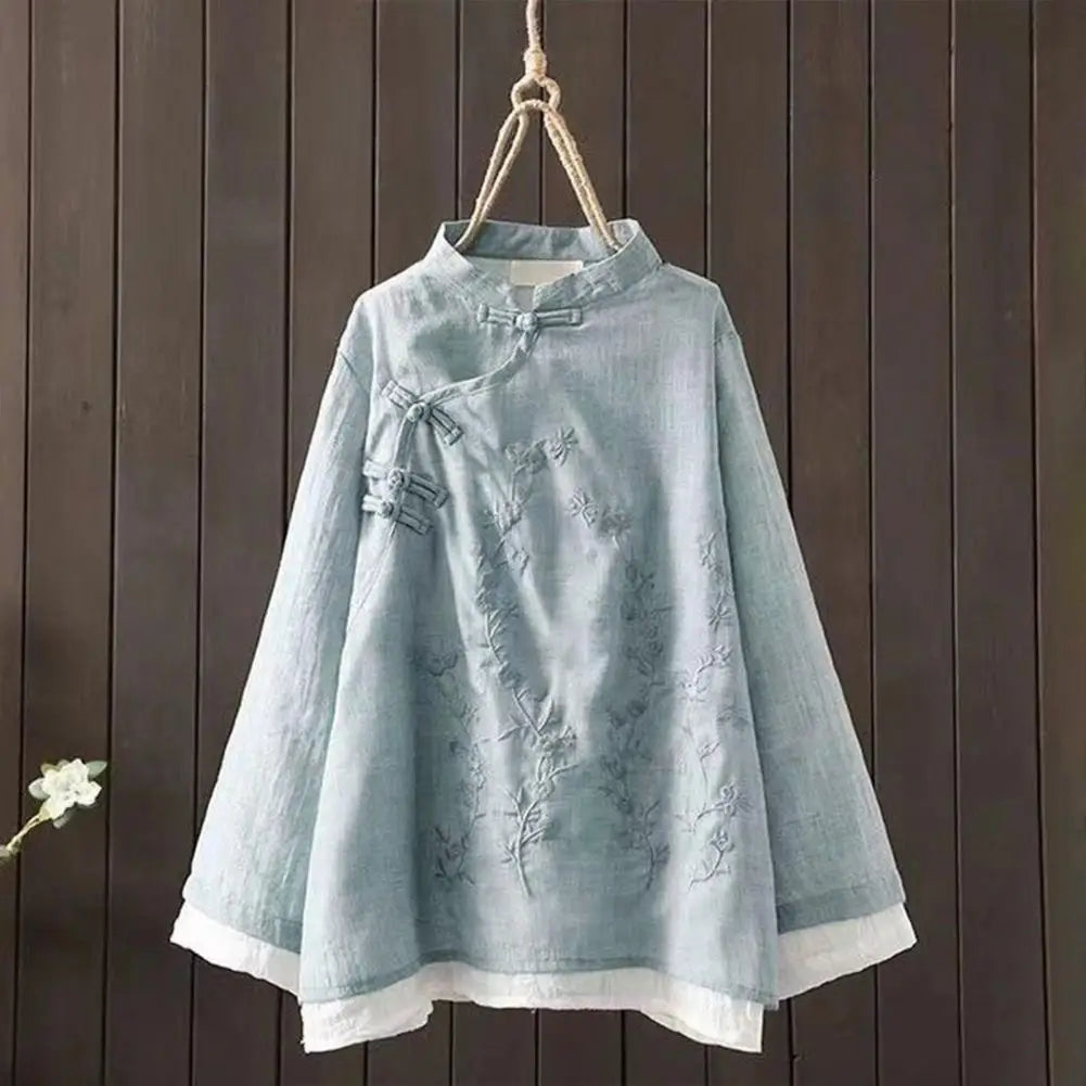 Women Spring Blouse Chinese Style Embroidered Flower Knot Button Vintage Shirt Loose Stand Collar Retro Shirt Lady Blouse Top