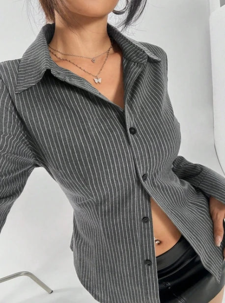 Sexy Elegant Collar Breasted Cardigan Long Sleeved Shirt Slim Fit Versatile Striped Top 2025 Autumn Winter New Fashion Casual