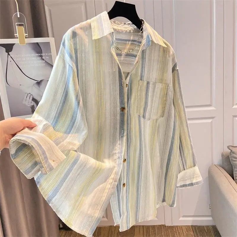 Spring and Autumn Cotton and Linen Contrasting Striped Long-sleeved Shirt Chic Versatile Top for Women