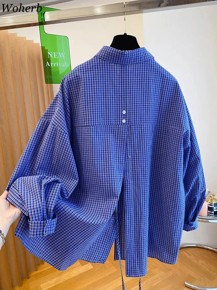 Blue Plaid Long Sleeve Loose Shirts Fashion Korean Split Bandage Blouse Women Oversized Spring Tops 2025 Casual Vintage Blouses