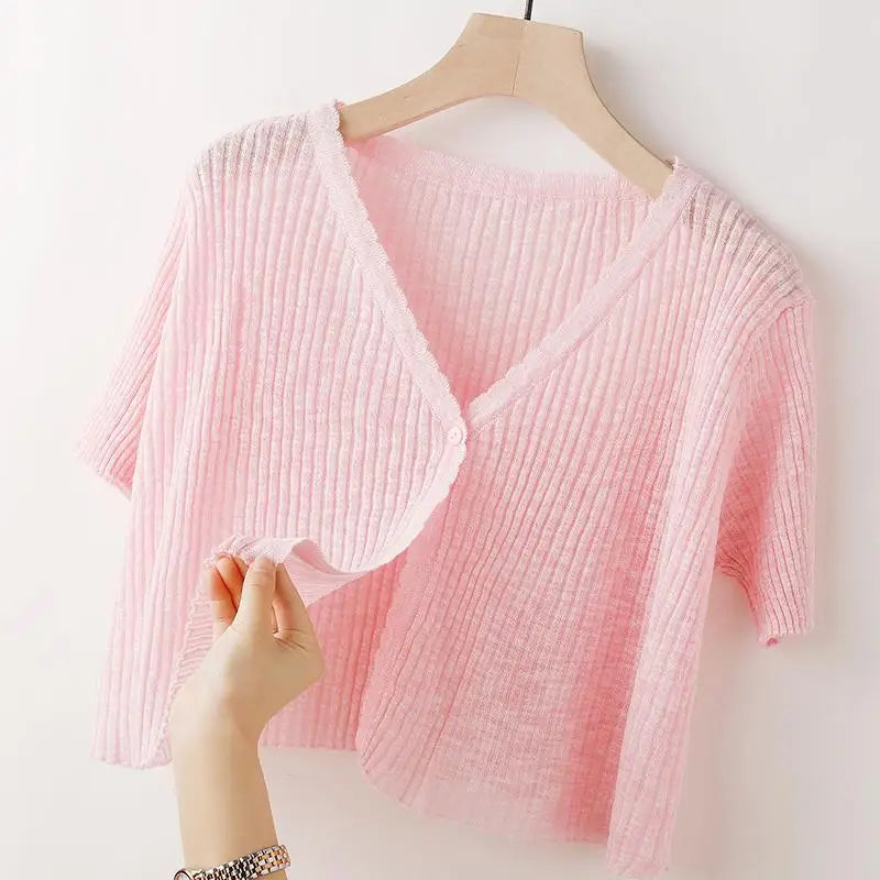 Ice Silk Knitted Cardigan Women's Summer Thin Short-sleeved Outer Wear Sun Protection Short Versatile Simple Commuter Top