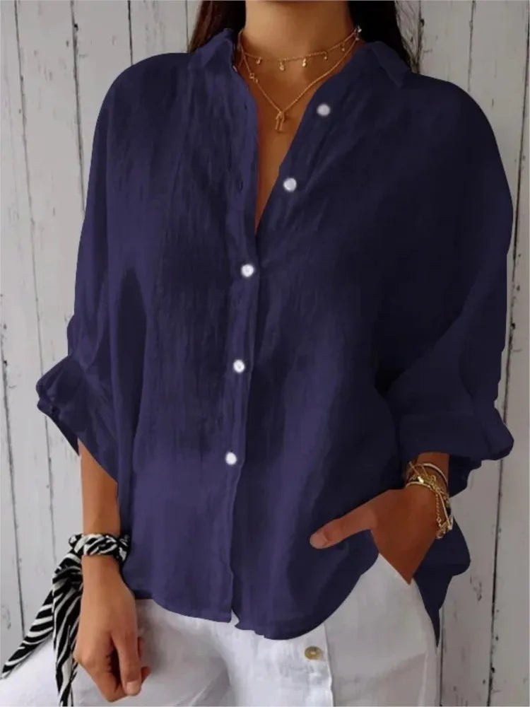 New Women Cotton Linen Shirts Elegant Back Bow Lace Up Solid Casual Shirt Spring Summer Lapel Half Sleeve Blouse Loose Tops