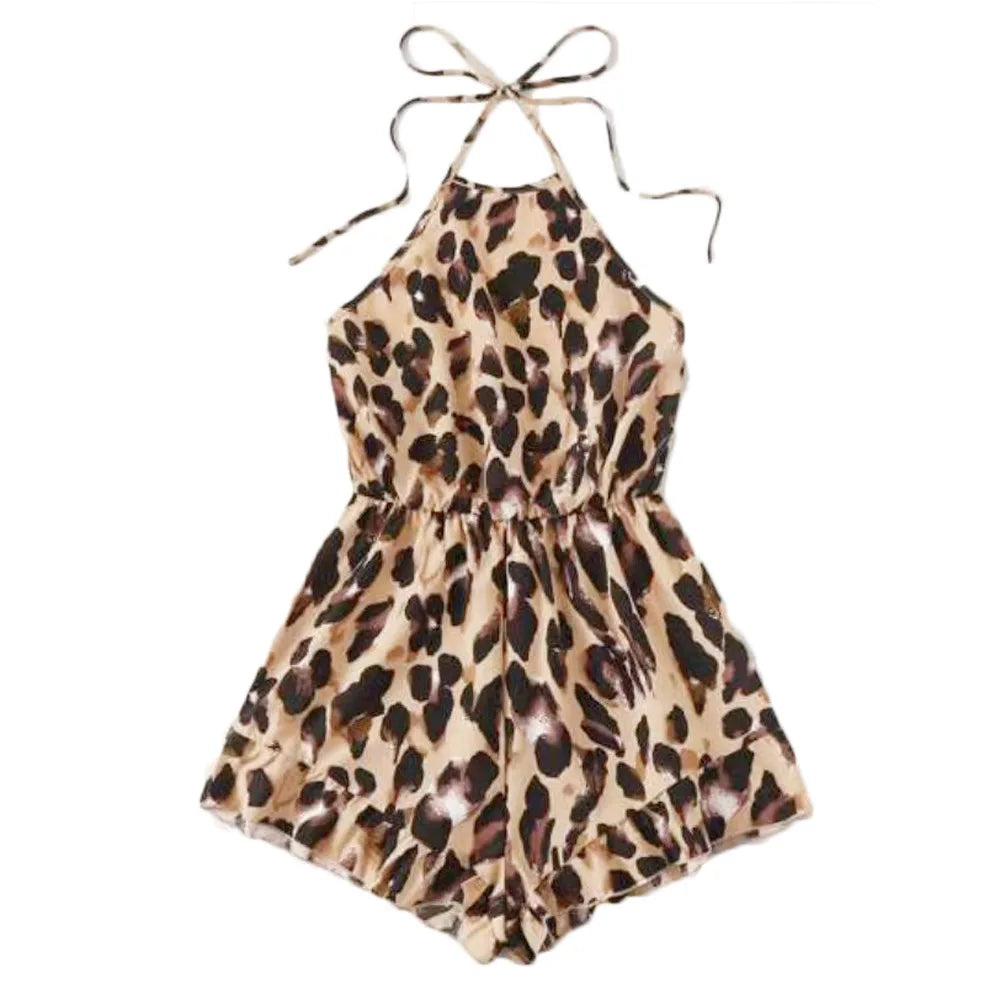 European And American Fashion Sexy Women's Neck Tie Leopard Print Suspender One-Piece Shorts New Cross-Border Source
