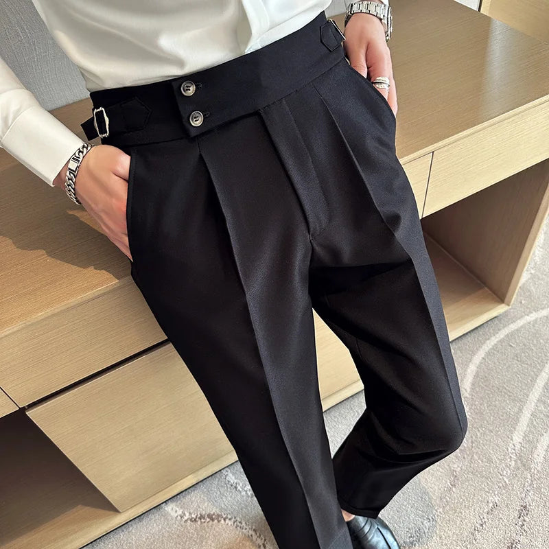 Pure Color Male Business Wedding Dress Pants Fashion Unique Design Men Waist Adjustable Suit Pant No Belt Slim Trousers Homme