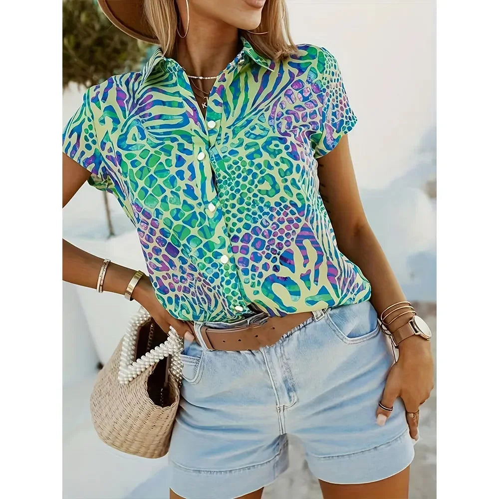 Summer Women'S Shirt Fashion 3D Digital Printed Shirt Hawaii Vacation Casual Top Elegant Women'S Baggy Lapel Shirt Boho Blouses