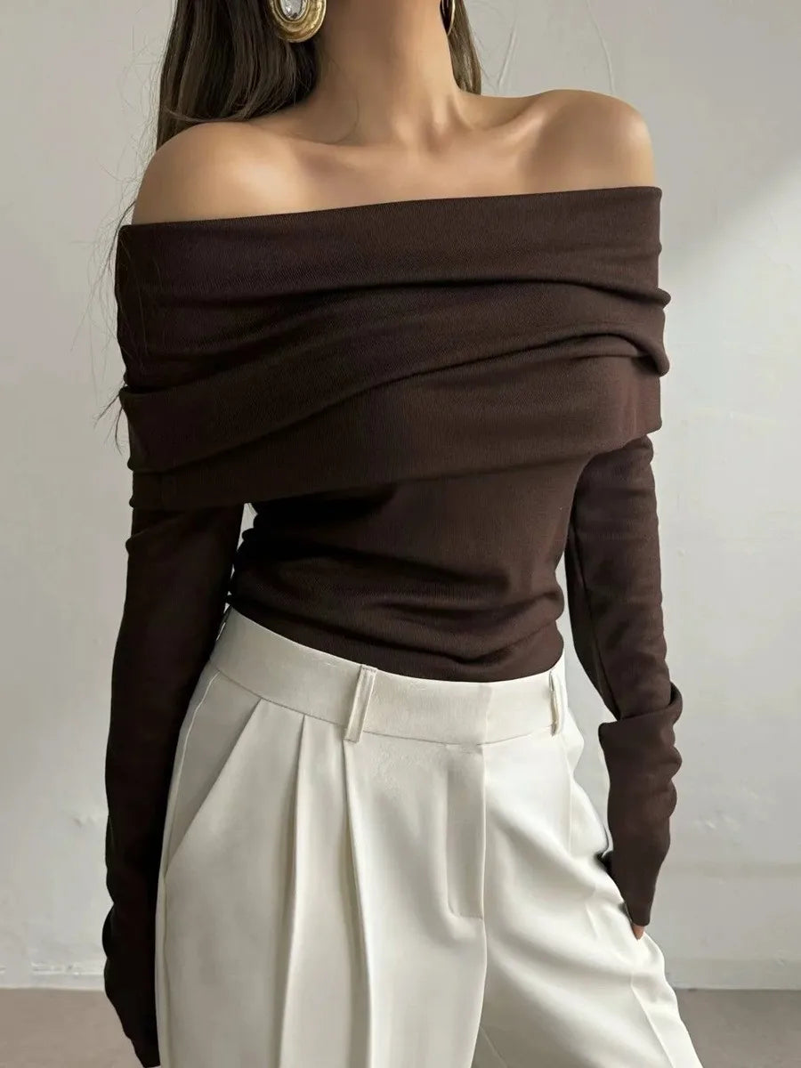 Off Shoulder Women Gray Sweater Knitwears Top Long Sleeve Pullovers Tops Outerwears Sweaters Clothing Red Black White Brown New