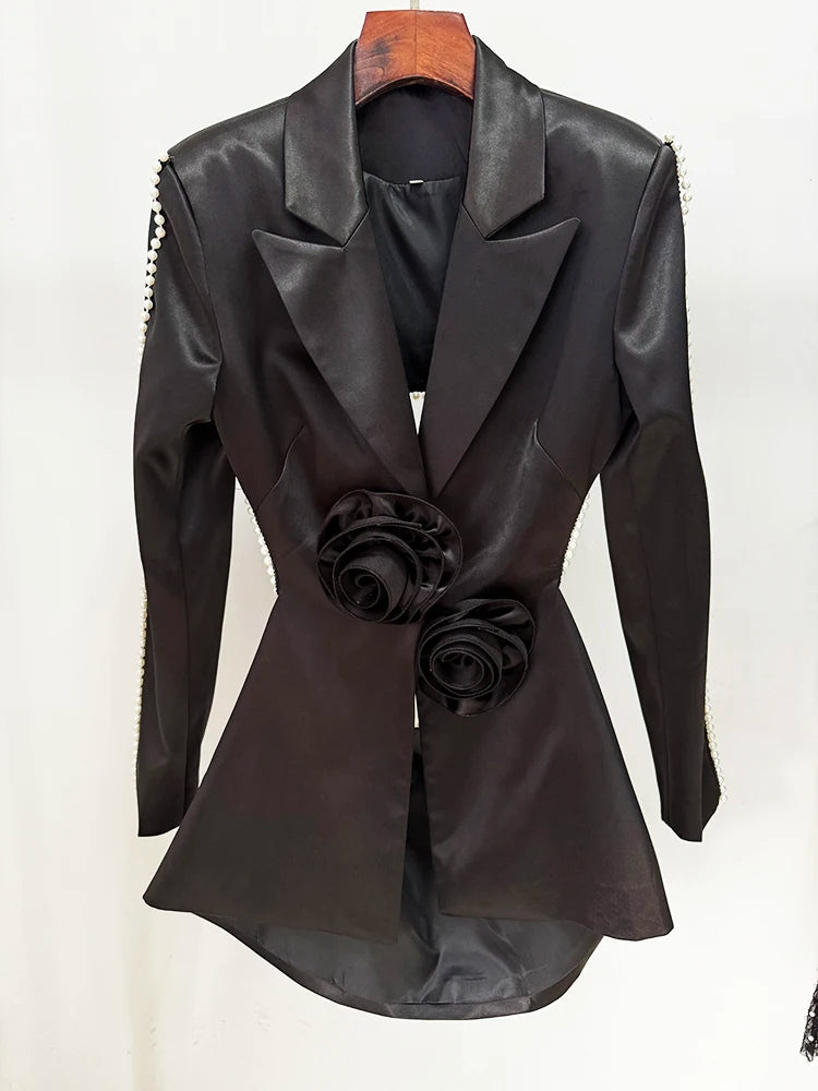 HIGH STREET Newest 2025 Designer Runway Fashion Women's Hollow Out Flowers Appliques Pearls Beaded Blazer Gauze Pants