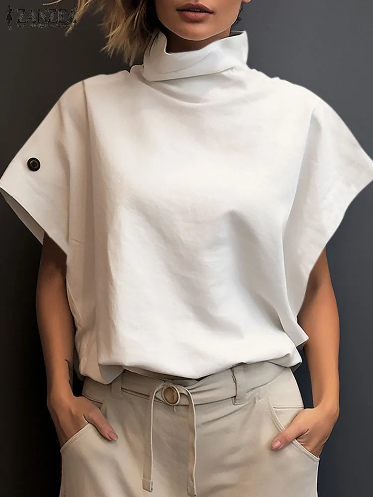 ZANZEA Women Stylish Tunic Tops Summer Office OL Shirts Short Sleeve Elegant Work Blouse Female Turtleneck Blusas Mujer Oversize