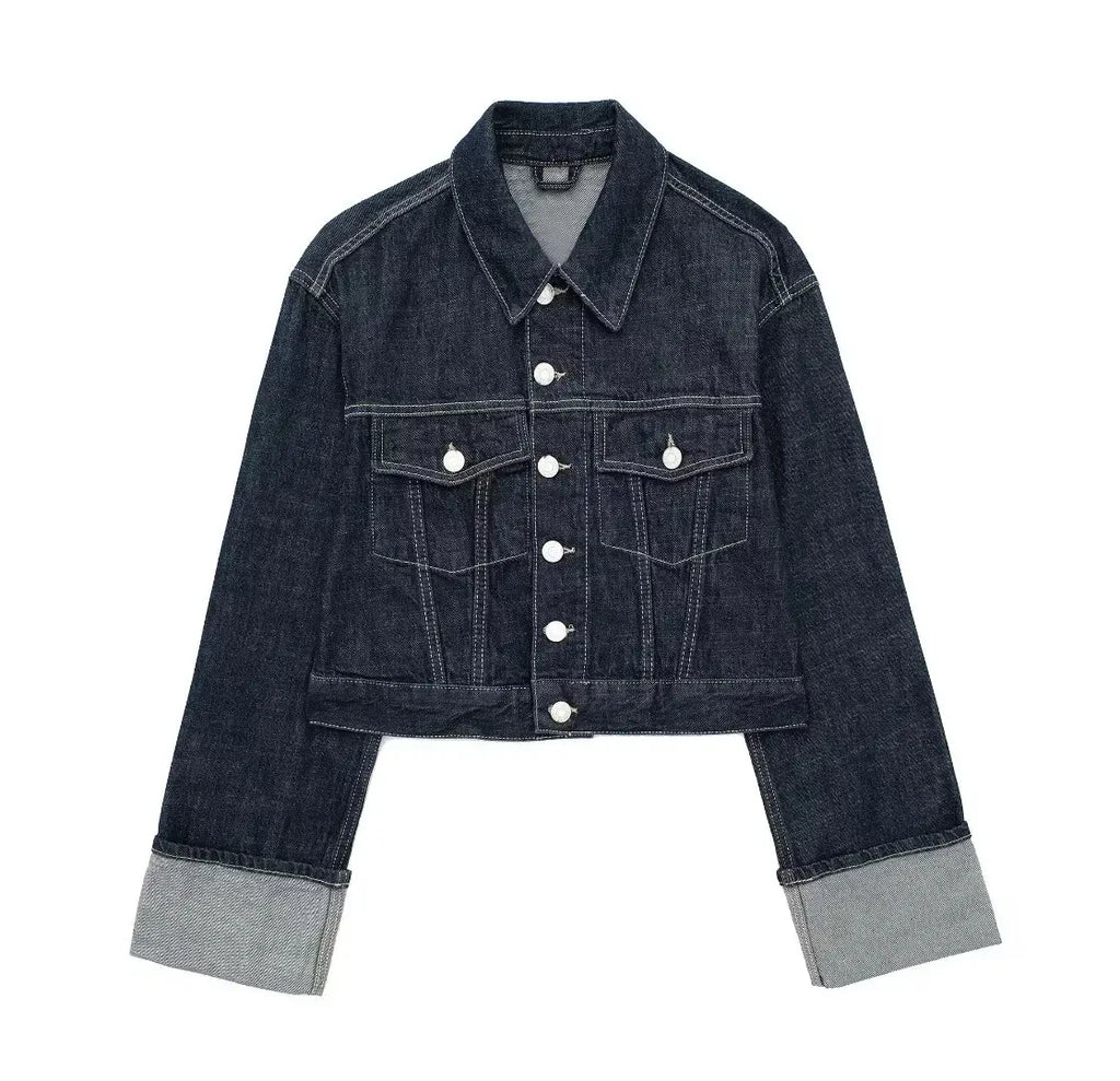 TRAFZA Women Fashion Denim Set Casual Lapel Long Sleeve Crop Jacket Buttons Female Vintage Wide Leg Loose Jeans Long Pants
