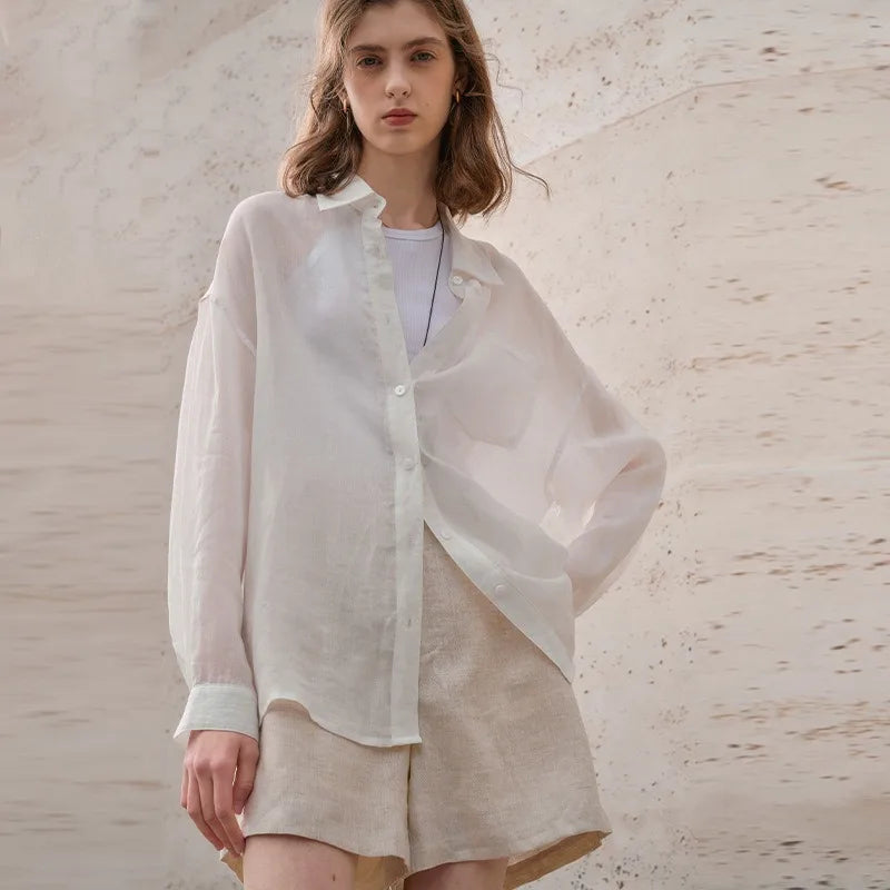 Ladies French 100% Ramie Shirts Spring And Summer Single-Breasted Cardigan Women's Lapel Long-Sleeved White Casual Loose Blouse