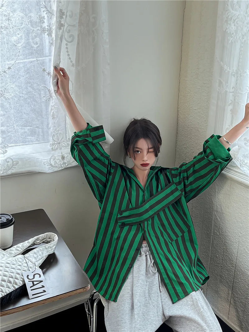 Korean striped shirt with asymmetrical personality, casual and fashionable lapel, loose fitting shirt  blouse  shirts