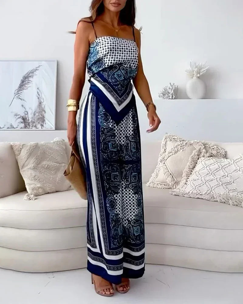 Stylish Printed Lace-Up Vest & Pants Two-Piece Set Summer Satin Print Women Casual Sling Lace Up Top Wide Leg Pants 2 Piece Set