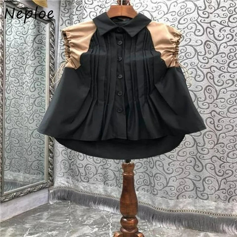 Neploe Turn Down Collar Single-breasted Blouse Pleated Drawstring Patchwork Shirts Korean 2025 Fashion Loose Casual Blusas