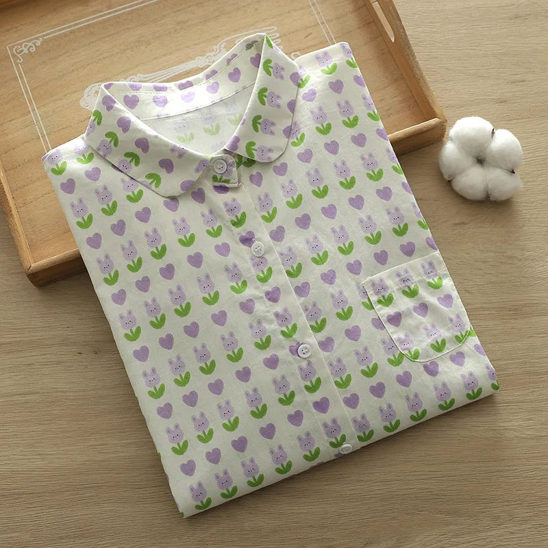 100% Cotton Shirts Women Autumn Spring Japan Style Flower Print Tops Morigirl Long Sleeve Blouses Mori Kei Clothing