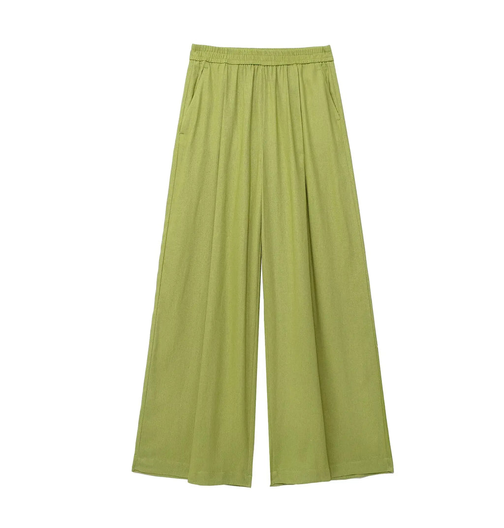 TRAFZA 2024 Women 2 Piece Set Elastic Waist Pocket Folds Decorate Wide Leg Pants+Solid Single-Breasted Slit Hem Blouse Top