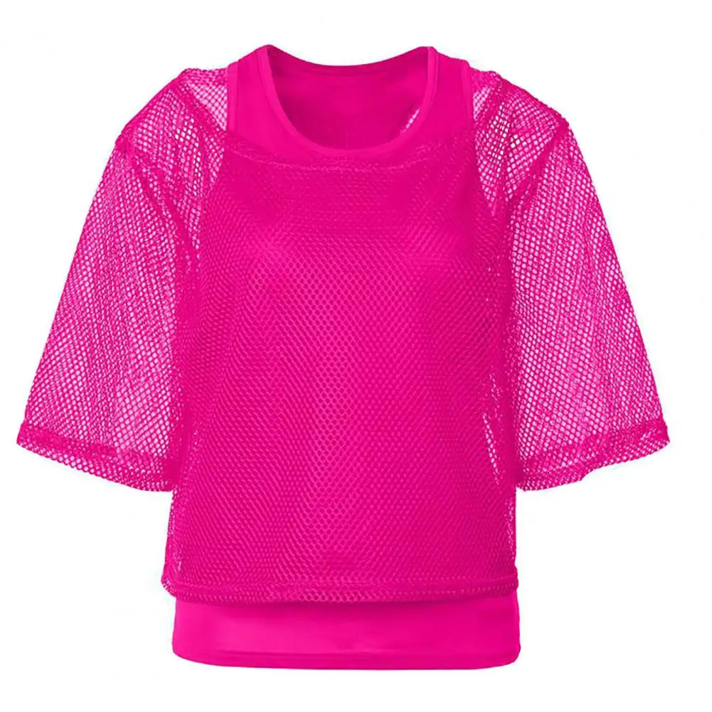 80s Mesh Shirt Vest Set Women Mesh Top Vest Set Bright Color O-Neck Short Sleeve Mesh Cropped Tops Racerback Pullover Vest Set