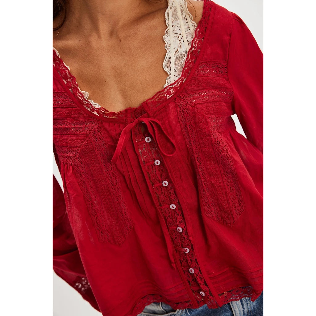 Combhasaki Women's Y2K Fairy Long Sleeve Square Neck Shirts Lace Patchwork See-through Tie-up Front Button-down Blouse Crop Tops