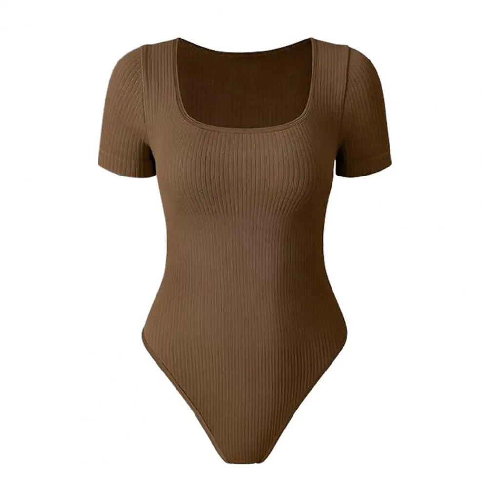 Women Solid Color Playsuit High Elasticity Tummy Control Bodysuit for Women Square Neck Playsuit with Tight Waist Short Sleeves