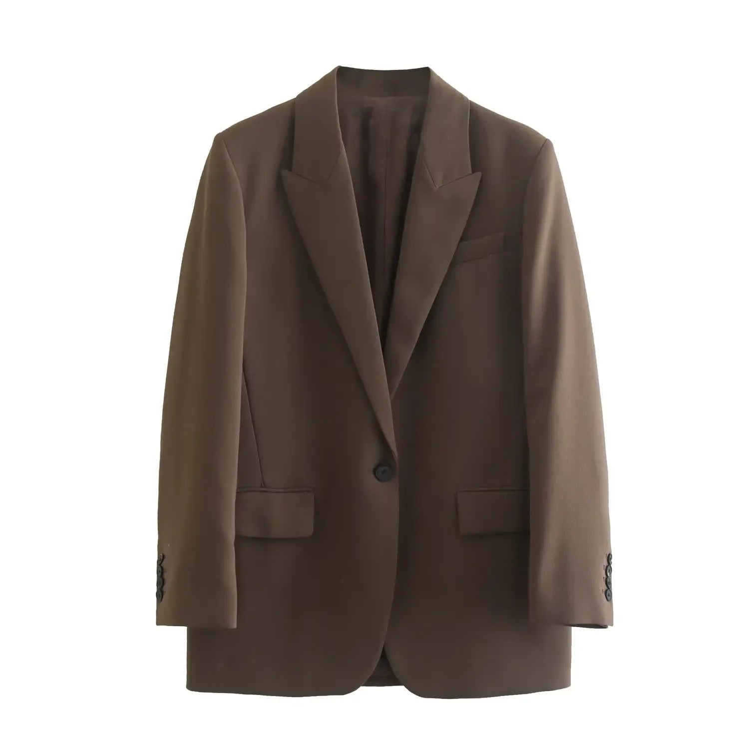 Willshela Women Fashion With Pockets Brown Single Button Blazer Vintage Notched Neck Long Sleeves Female Chic Lady Outfits