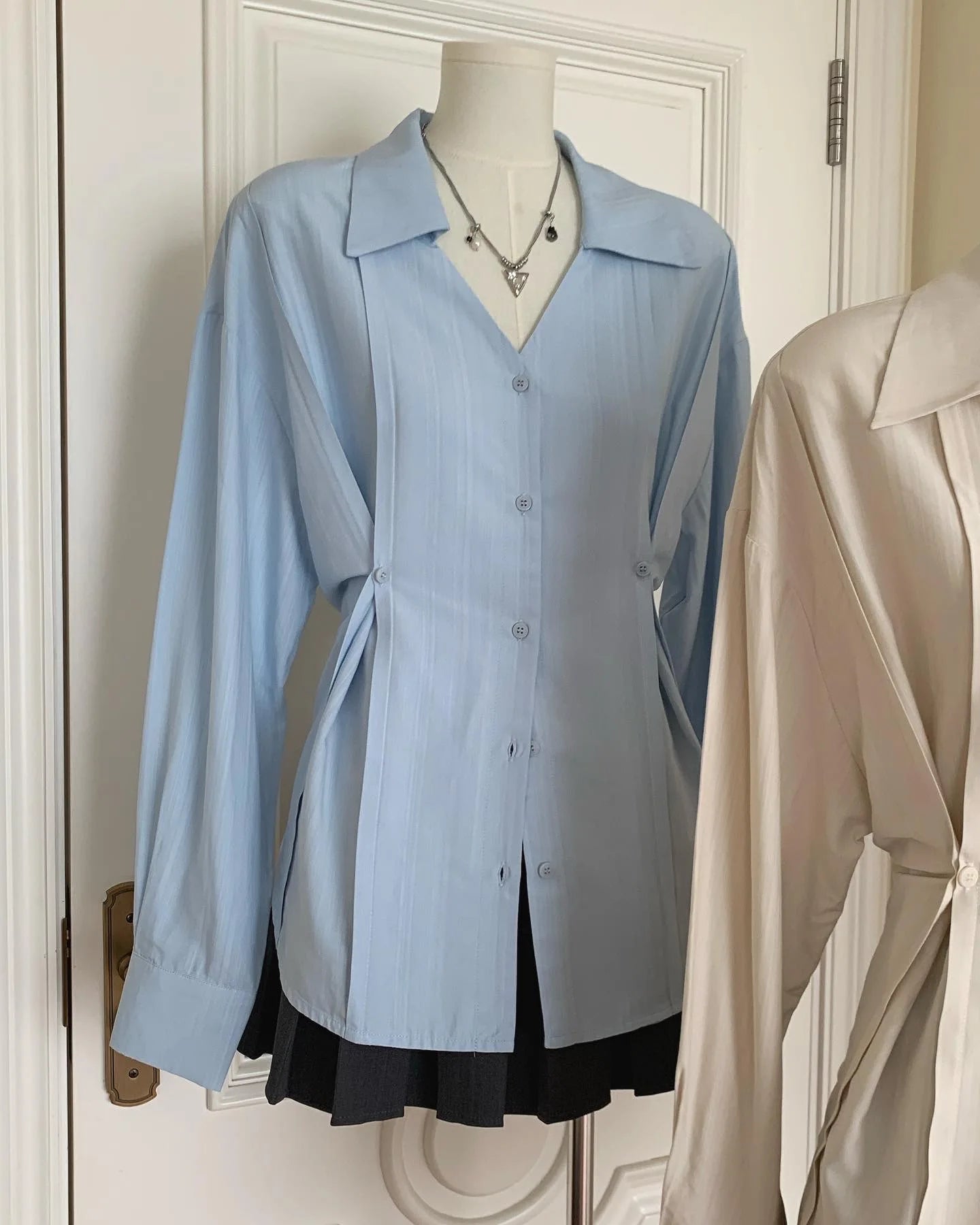 Women's Maillard Blue American Vintage High Street Formal Dress Waist Shirt Design Sense Lapel Spicy Girl Button Shirt Top