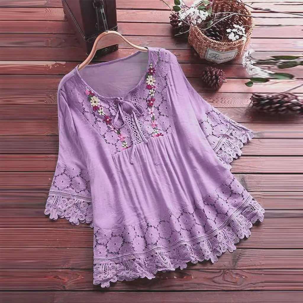 Summer Women Casual Solid Tops Shirt Cotton And Linen Stitching Lace Flower V-neck Loose Top Blouse New Elegant Holiday Shirts