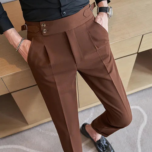 Pure Color Male Business Wedding Dress Pants Fashion Unique Design Men Waist Adjustable Suit Pant No Belt Slim Trousers Homme
