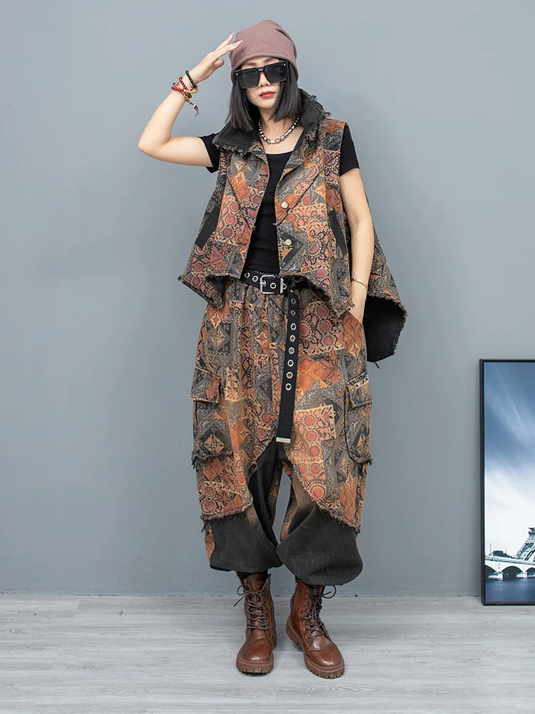 Spring Summer Trendy Personality Print Distressed Denim Irregular Vest + Large Crotch Pants Two-piece Set Women LX323