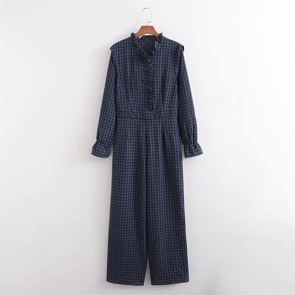 Zach Ailsa 2024 Spring New Product Women's Casual Style Slim Fit Lace Collar Decoration Long sleeved Plaid jumpsuit