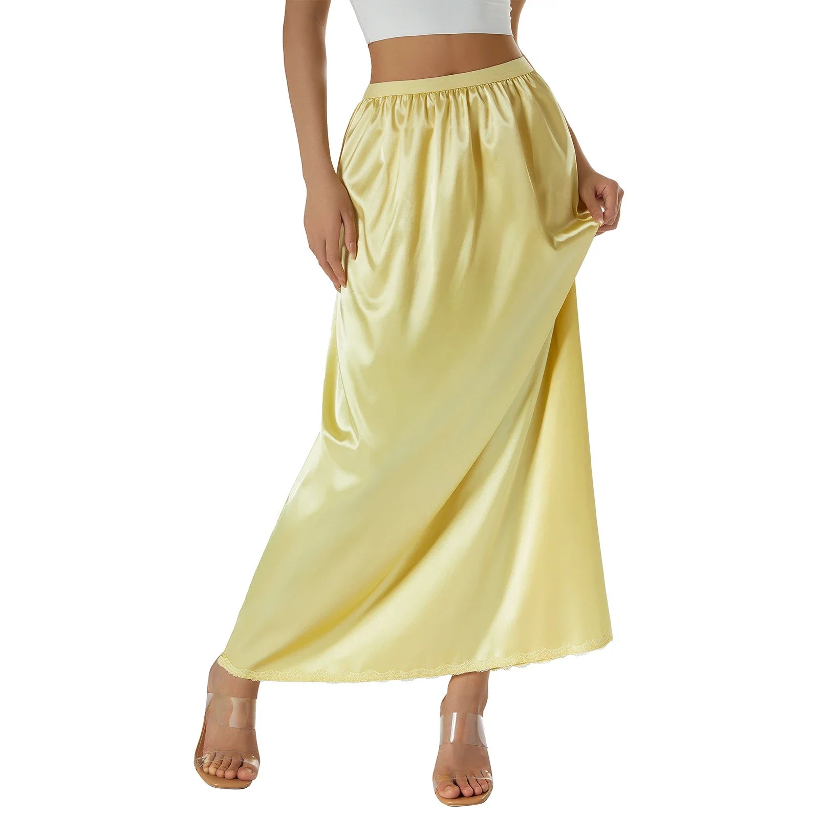 Elastic Waist Inner Lining Midi Skirt Women Solid Color Satin Half Slip Underskirt Long Underskirt for Ladies White/Black/Yellow