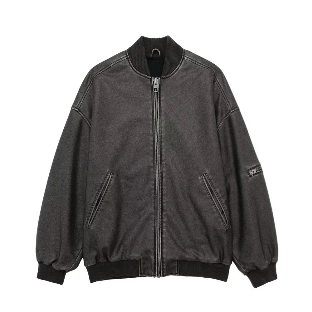 UNIZERA 2023 Autumn/Winter New Women's Wear New Fashion Casual Loose Retro Faux Leather Pilot Jacket Coat