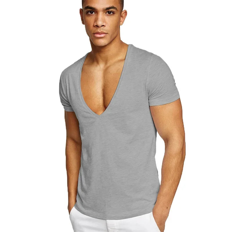 MRMT 2025 Brand New Men's Fitness And Leisure Summer Cotton Sweat-Absorbent Solid Color European Size Deep V-Neck T-Shirt Tops