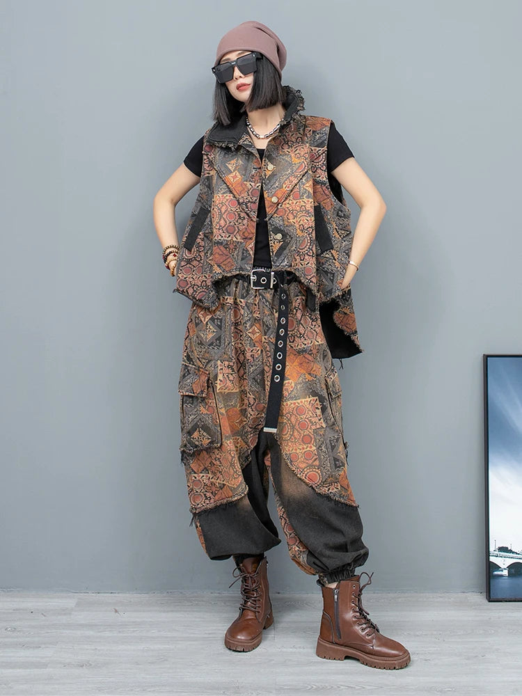 Spring Summer Trendy Personality Print Distressed Denim Irregular Vest + Large Crotch Pants Two-piece Set Women LX323