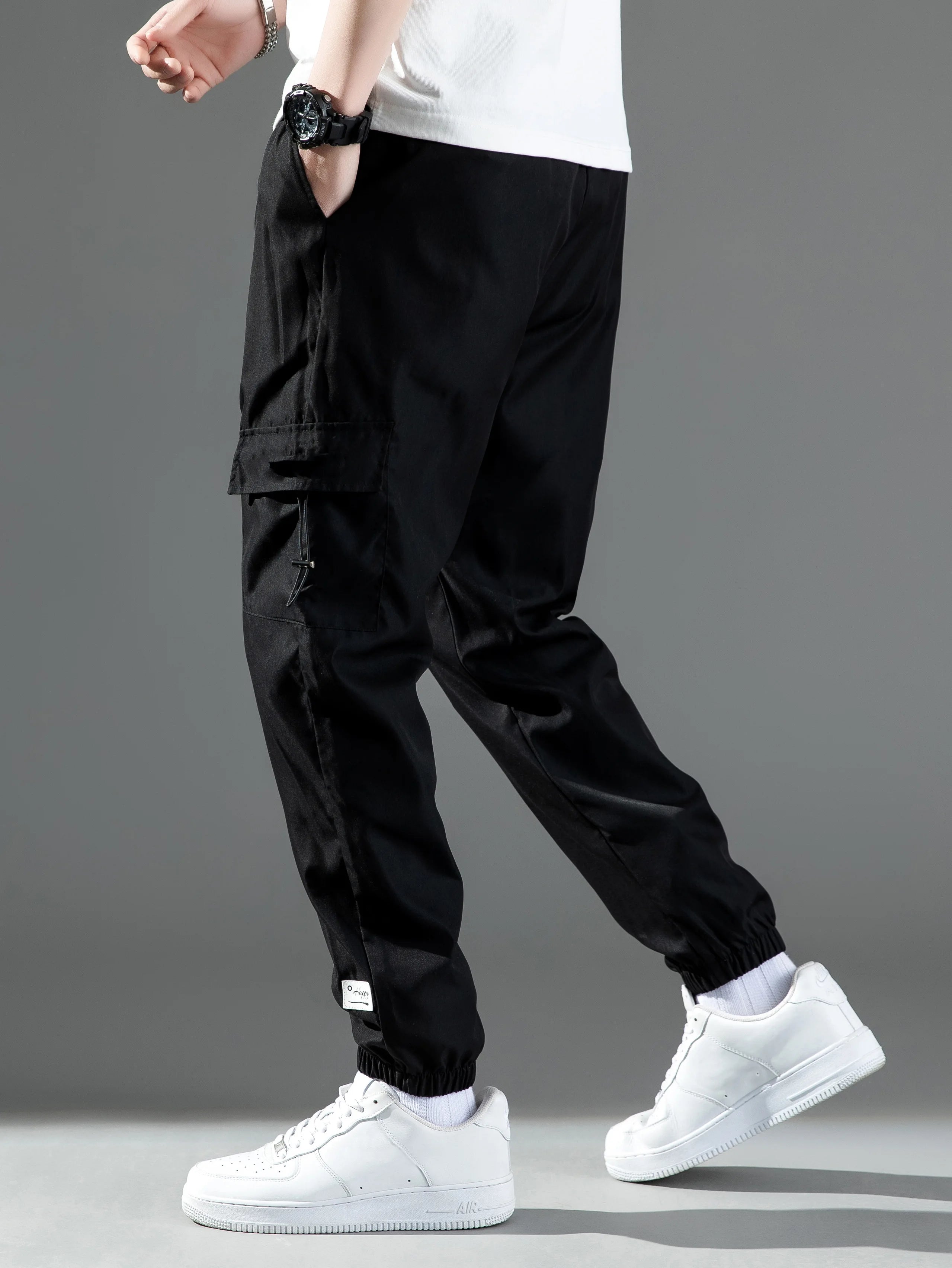 Mid Waist Stylish Drawstring Design Men Trouser Polyester Overalls Thermal for Dating Cargo Pants Pocket