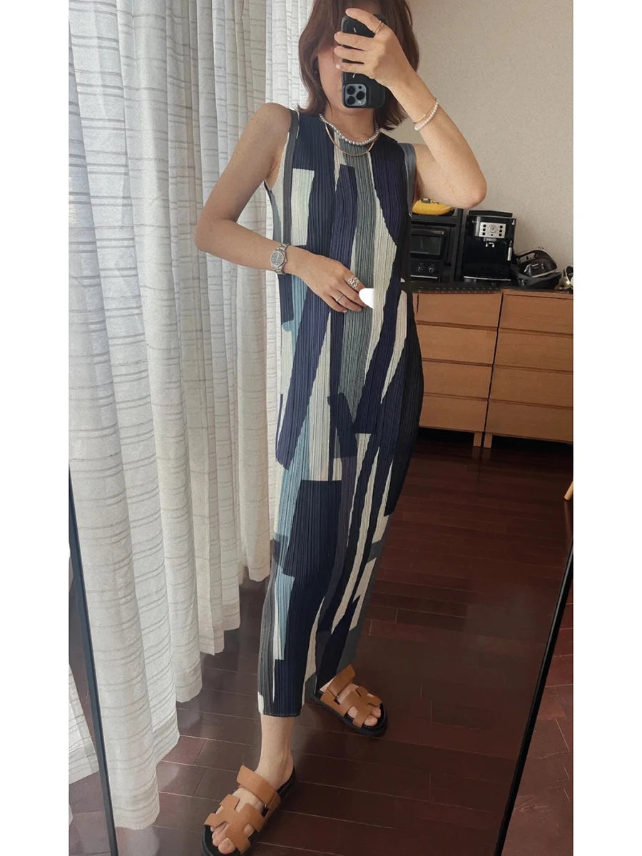 Miyake Pleated Striped Colorful Printed Sleeveless Dress