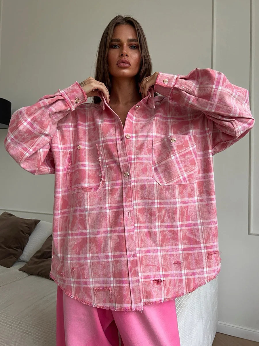 Retro Tie Dyed Cotton Checkered Shirt Spring and Summer Women's Street Syle Trend Y2K Loose School Cassual Pink Shirt Jacket