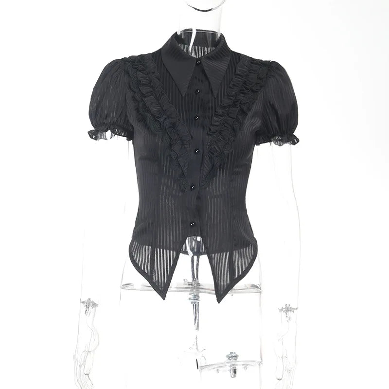 Goth Dark Kawaii Black Short Sleeve Buttons Shirt Lace-up Blouses Mall Gothic Slim Lapel Collar Stripe Shirts Women Alt Techwear