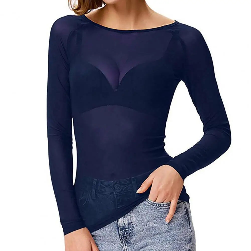 Women Mesh Bottoming Shirt See through O Neck Long Sleeve Lady Blouse Slim Fit Sexy Clear Sun Gauze Tops