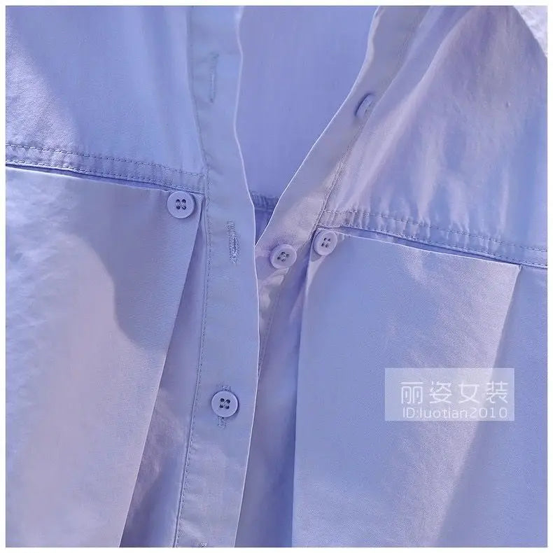 Design Sense Pleated Short Shirt, Women's Blue Loose Long Sleeved Cotton Shirt, New Top For Spring/summer 2024