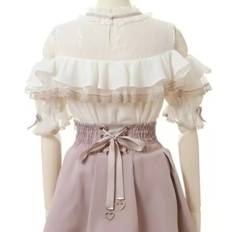 Harajuku Sweet Blouses Women Lolita Elegant Love Heart Bow Off Shoulder JK Shirt Girls Casual Lace Ruffles Y2k Tops Mujer Blusas