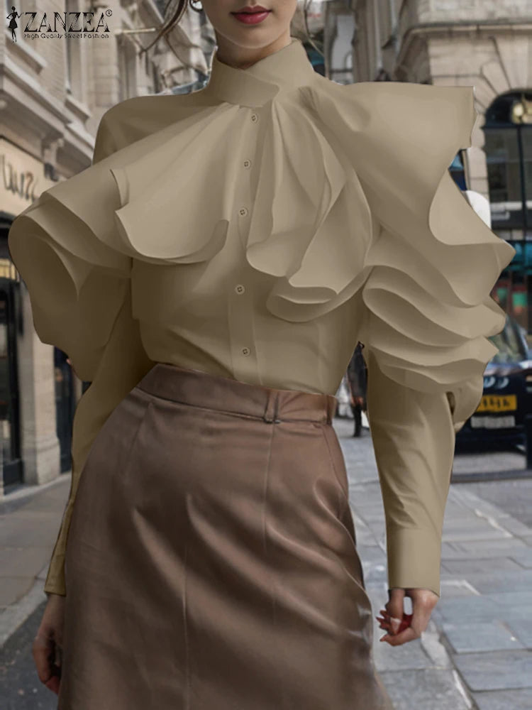 ZANZEA Elegant Office Blouse Women 2025 Fashion Ruffled Stitching Solid Shirts 3D Long Sleeve Tops Casual Loose Buttons Tunics