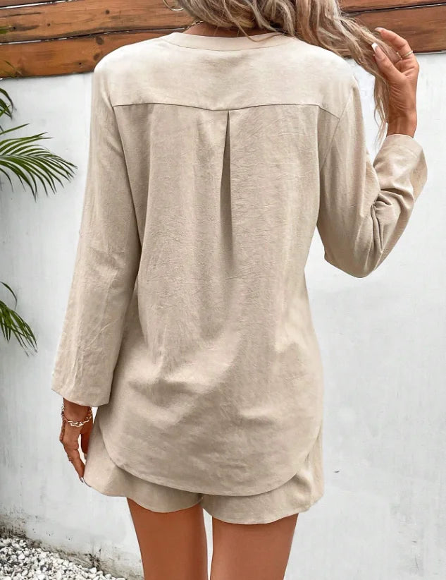 Summer women's two-piece set new cotton linen solid color V-neck pocket top drawstring shorts set 2024 fashionable casual women