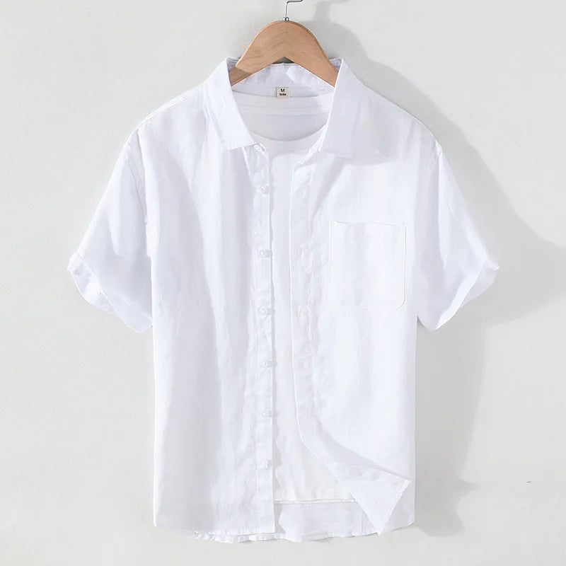 923 100% Linen Men's Summer Fashion Shirt High Quality Solid Color Simple Casual Short Sleeve Blouses Basic Thin Breathable Tops