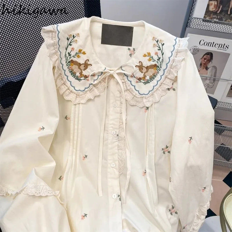 Rabbit Embroidery Peter Pan Collar Blouse Women Clothing Long Sleeve Floral Shirts 2025 Blusas Mujer De Moda Ruffles Sweet Tops