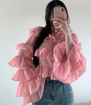2Colors Korean style long sleeve blouses 2022 Spring Autumn womens Loose Pleated Chiffon tops and blouse Outwear Shirts(C0001)