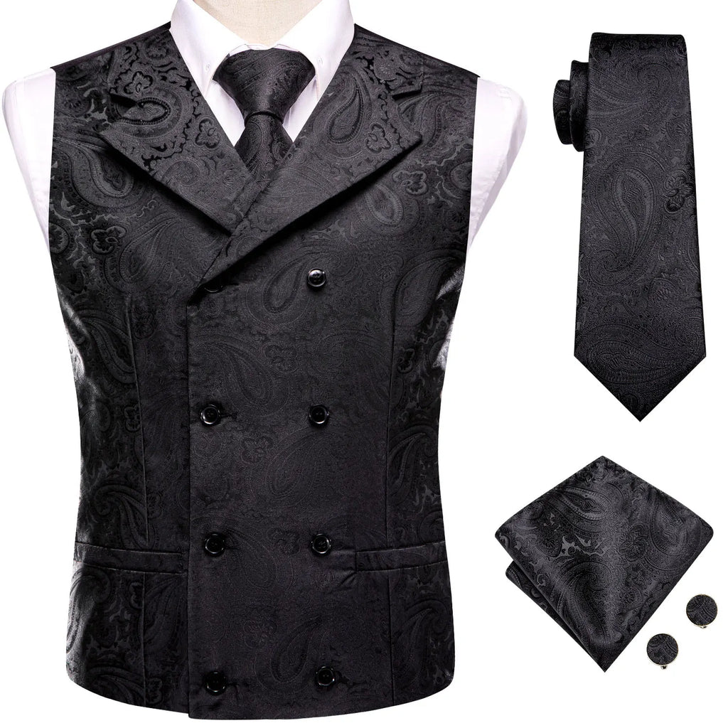 Hi-Tie Dark Red Men's Vests Silk Paisley Jacquard Waistcoat Jacket NeckTie Hanky Cufflinks for Men Business Party Designer Gifts