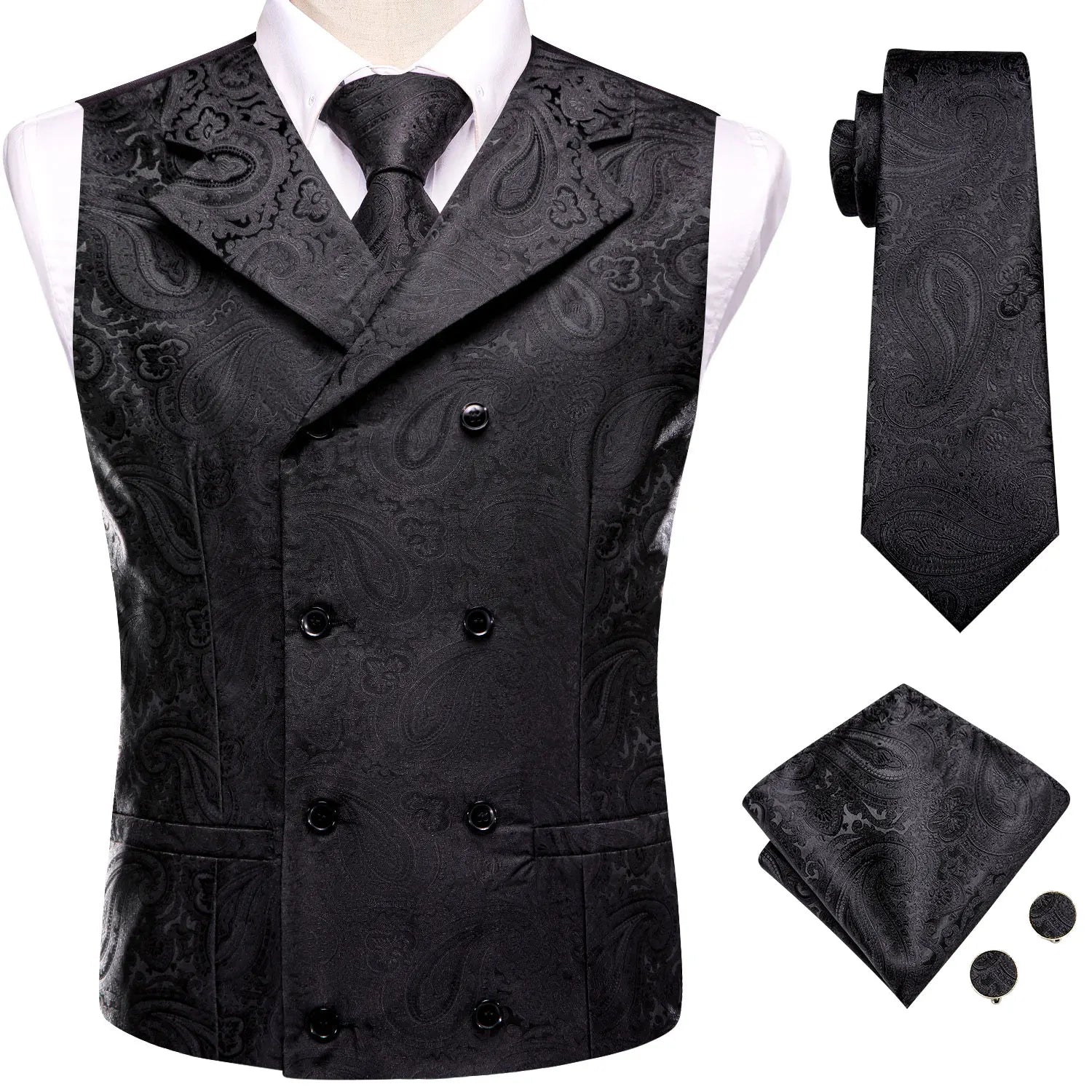 Hi-Tie Dark Red Men's Vests Silk Paisley Jacquard Waistcoat Jacket NeckTie Hanky Cufflinks for Men Business Party Designer Gifts