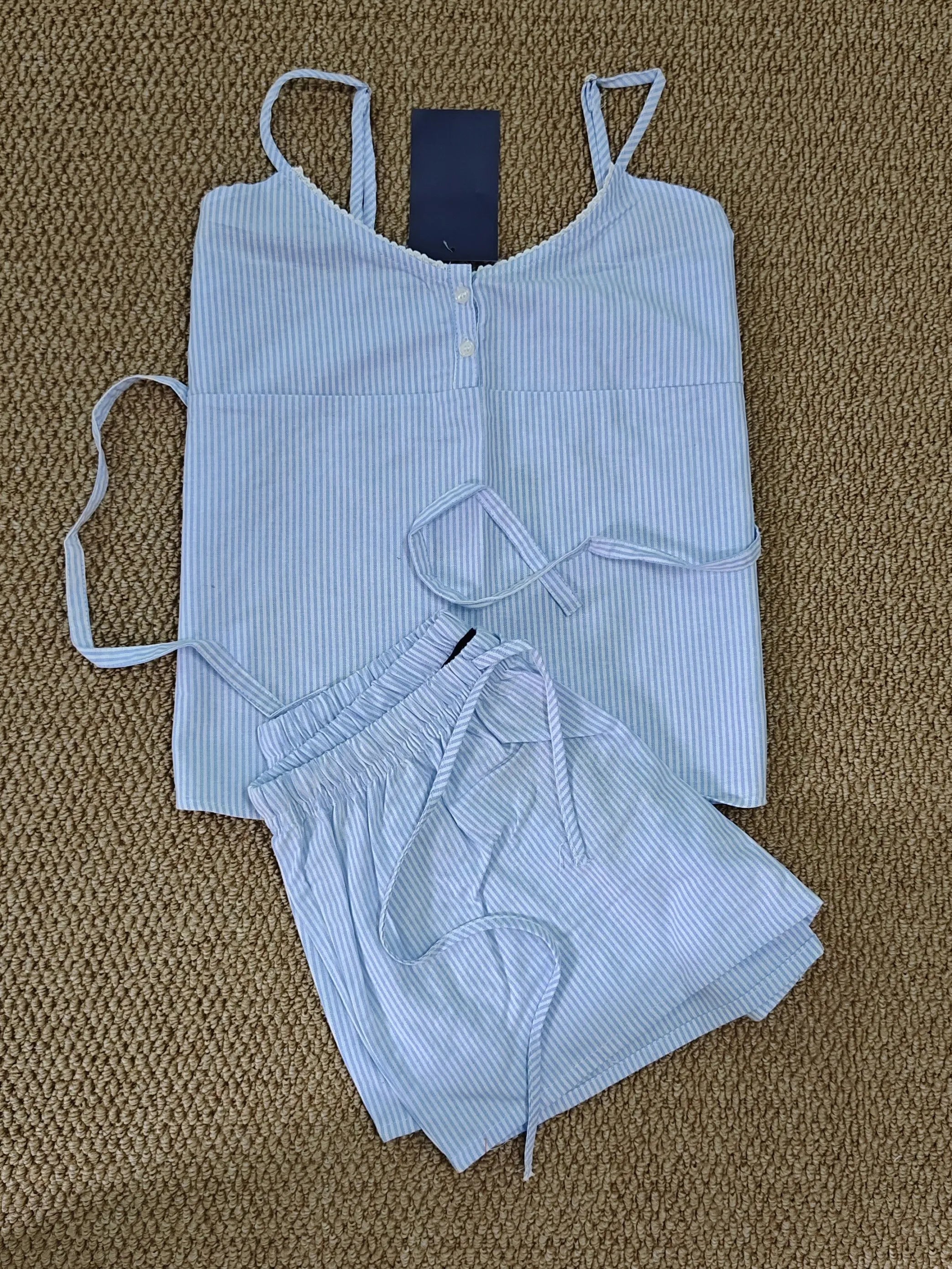 Navy Plaid Tank Shorts 2 Piece Sets Woman Lace Trim Buttons Lace-up Camis+Drawstring Sweatshorts Vintage Sweet Home Cotton Set